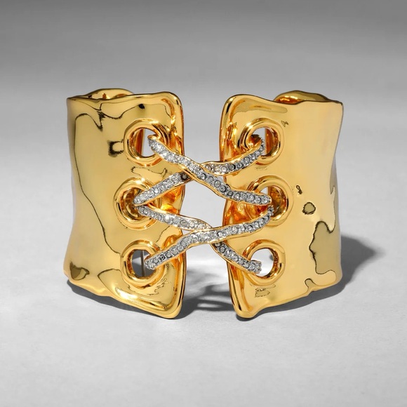 ALEXIS BITTAR• Solanales Gold Silver Crystal Lace Up Corset Cuff Bracelet - Picture 2 of 8